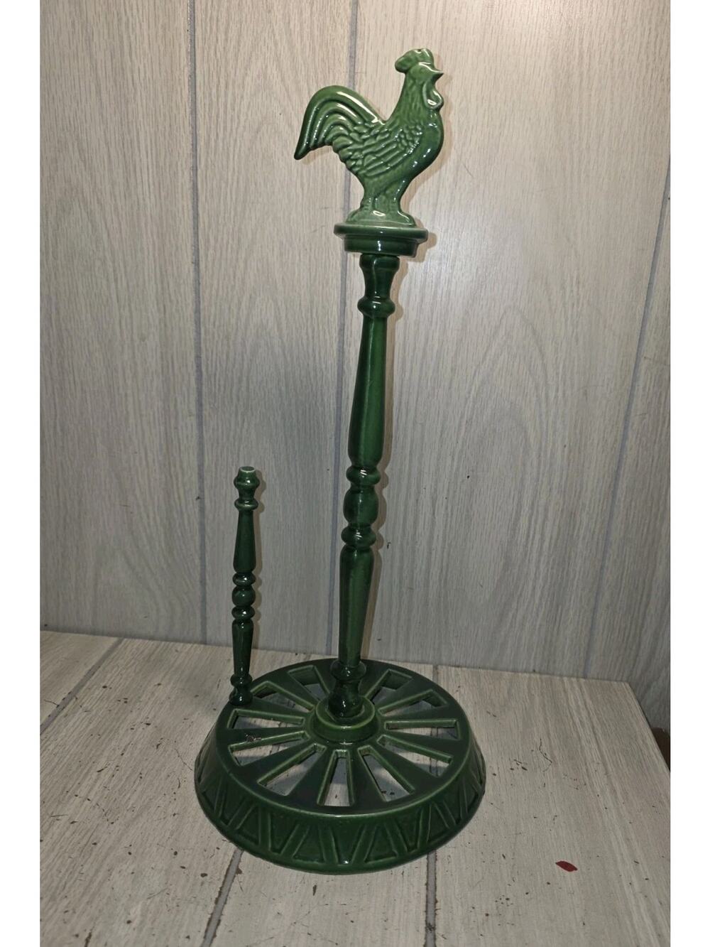 VTG Cast Iron Green Rooster Paper Towel Holder 16” by 7” FARMHOUSE Cottagecore